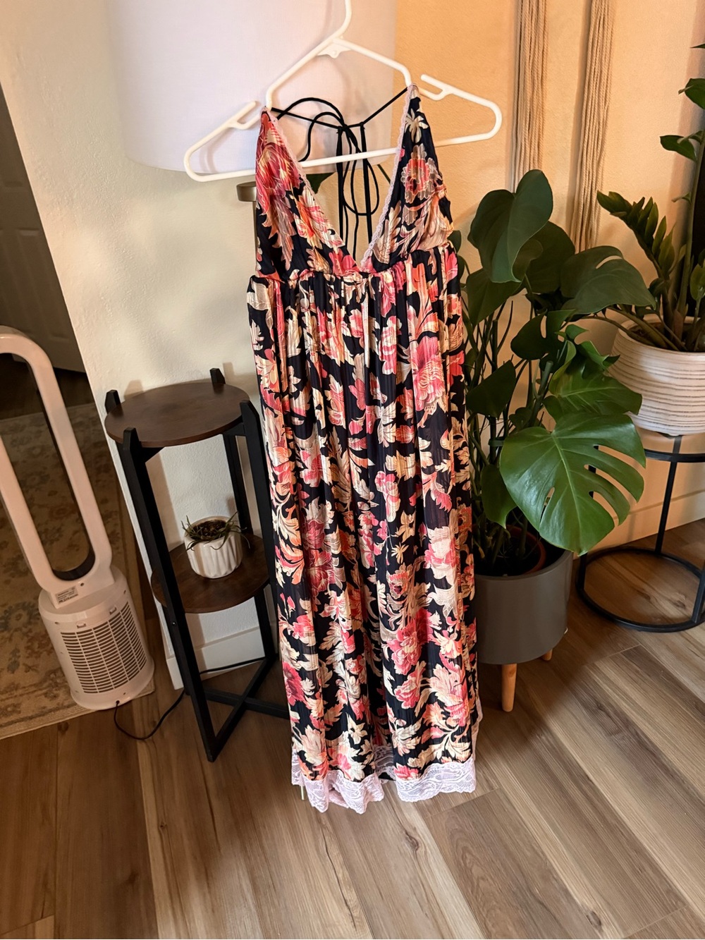 Free people Black Maxi Dress with Pink & Cream Blooms